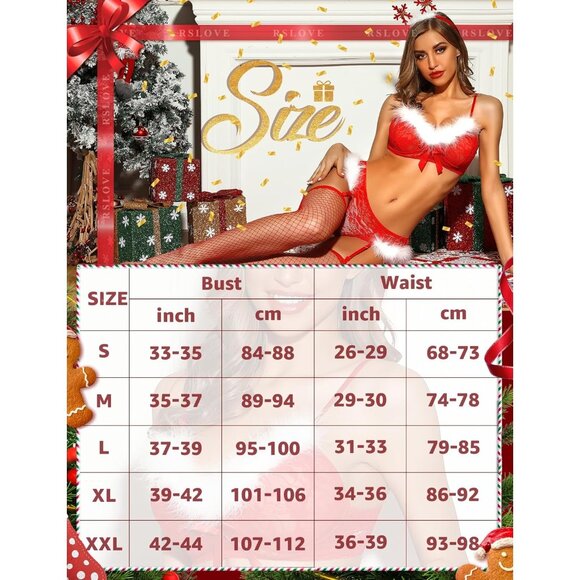 Women's Sexy Santa Christmas Lingerie Set with Garter Belts Lace Bodysuit - Picture 5 of 5